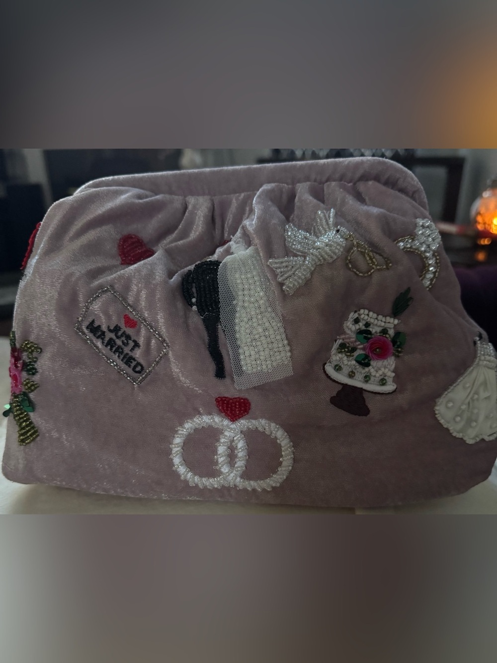 Viral Velvet Beaded Wedding Clutch Bag "Just Married" Pink Slouchy